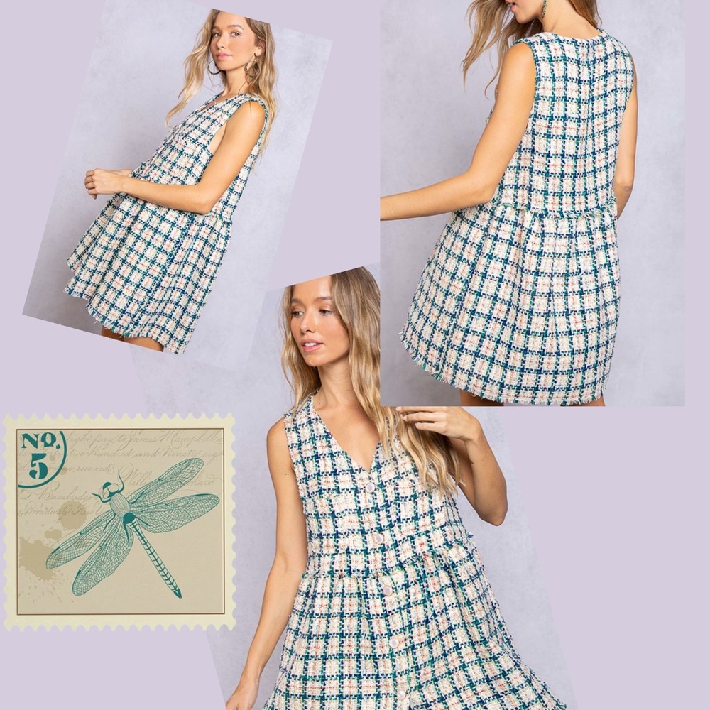 🆕 POL - Sparkling Plaid Tweed Babydoll Mini Dress - 100% COTTON - NIB